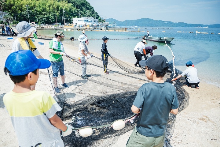 地引網をみんなで引く様子